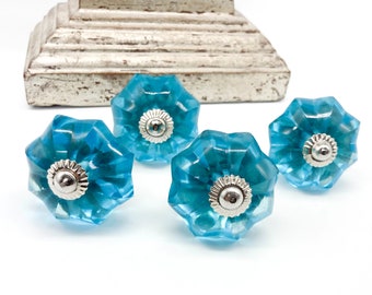 BLUE GLASS CUT Handmade Knobs,Nautical knobs, Chic Vintage Wardrobe Drawer Cabinet pulls handles knobs  Set of 2 B71