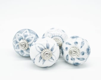 Handpainted Grey Ceramic Knob, Vintage Floral Wardrobe Handle