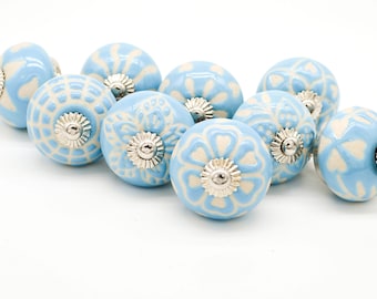 BLUE CREAM EMBOSSED Ceramic Hand painted Knobs, Chic Vintage Cabinets Wardrobe Handles Knobs Pulls Set of 2/4/6/8/10/12/14/16/18/20 B09