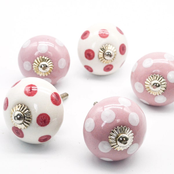 PINK WHITE POlKA DOT Knobs, Handcrafted Knobs Vintage Cabinet Wardrobe Drawer Handles Pulls Set of 2/4/6/8/10/12/14 B15