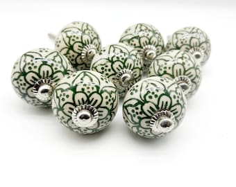 GREEN WHITE Ceramic knobs, Hand painted Knobs, Vintage knobs, Wardrobe Drawer, Cabinet pulls, handles knobs  2/4/6/8/10/12/14/16/18/20 B75