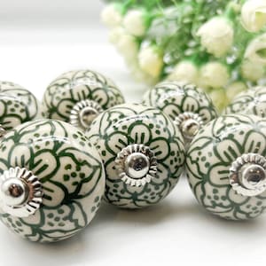 GREEN WHITE Ceramic knobs, Hand painted Knobs, Vintage knobs, Wardrobe Drawer, Cabinet pulls, handles knobs  2/4/6/8/10/12/14/16/18/20 B75