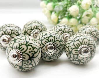 GREEN WHITE Ceramic knobs, Hand painted Knobs, Vintage knobs, Wardrobe Drawer, Cabinet pulls, handles knobs  2/4/6/8/10/12/14/16/18/20 B75