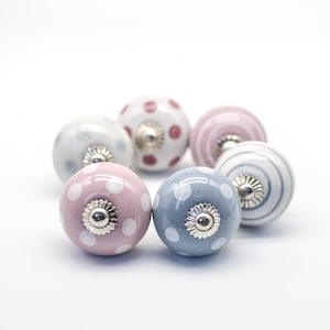 Pink & Grey Polka Dot Ceramic Knobs, Chic Drawer Handles, Set of 2