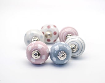 Pink & Grey Polka Dot Ceramic Knobs, Chic Drawer Handles, Set of 2
