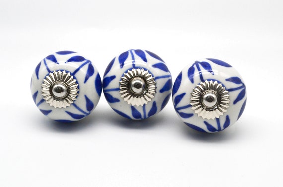 アンティーク木製ハンドル取手ブルーホワイトマーブル調ビンテージ