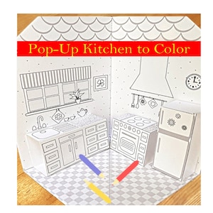 DIY Printable Paper Pop-Up Kitchen NO. 1 to Color & Assemble/Kids 3D Paper Craft Project image 1
