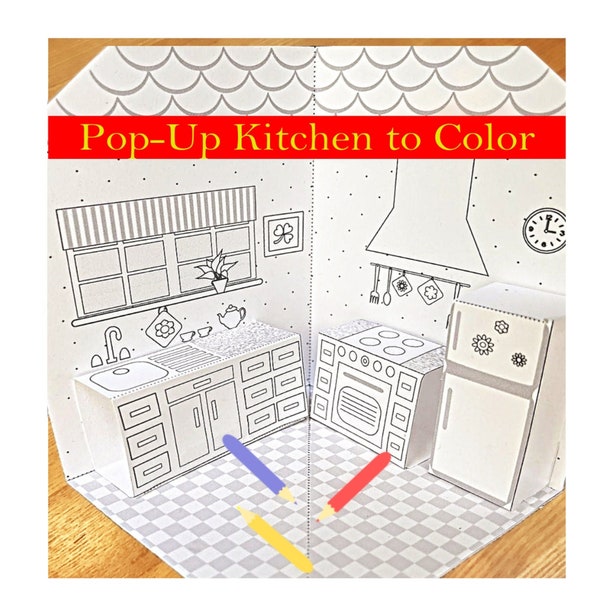 DIY Printable Paper Pop-Up Kitchen NO. 1 to Color & Assemble/Kids 3D Paper Craft Project