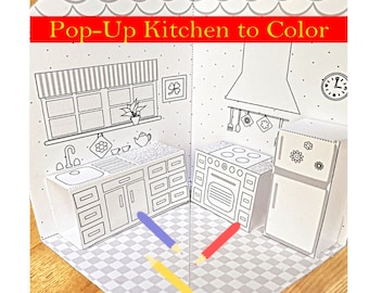 Pop-Up Dollhouse Kitchen to Color & Assemble/Diorama House/Pretend Play Gift/DIY House/Kids Craft Kits/DIY Gift/Downloadable PDF Files