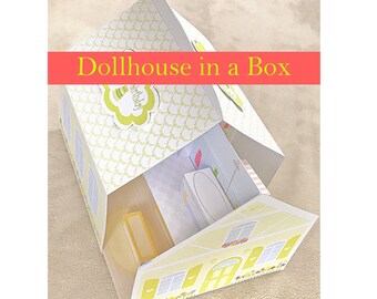 Afdrukbaar poppenhuis in een doos/PDF-sjabloon downloaden, DIY Paper Craft Mini House, speelset, Diorama