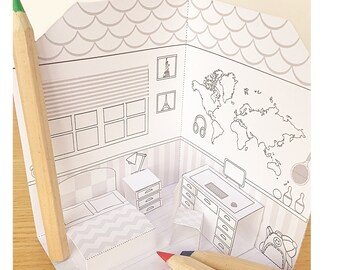 Printable Pop-Up Bedroom for Boys & Girls to Color and Assemble/Diorama House/Pretend Play Gift/DIY House/DIY Gift/Downloadable PDF Files