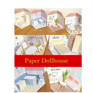 Kit de création de maison de poupée en papier imprimable bricolage avec chambre, salon, salle de bain, cuisine/projet 3D pour enfants image 1