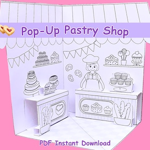 Pop-up banketbakkerij, poppenhuisbouwset, afdrukbaar papieren speelgoed voor kinderen, direct downloaden