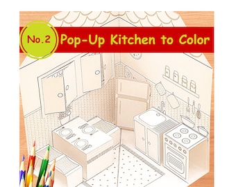 DIY Printable Paper Pop-Up Kitchen No.2 to Color & Assemble/Kids 3D Paper Craft Activity