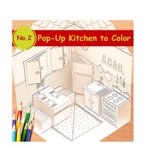 DIY Printable Paper Pop-Up Kitchen No.2 to Color & Assemble/Kids 3D Paper Craft Activity zdjęcie 1