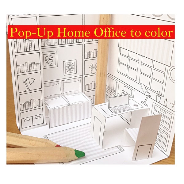 Printable Pop-Up Home-Office to Color & Assemble/Kids DIY Paper Craft Project