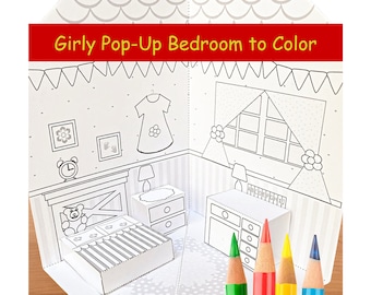 Dormitorio emergente femenino imprimible para colorear y ensamblar/Proyecto de manualidades en papel para niños