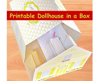 Maison de poupée imprimable dans une boîte/modèle PDF à télécharger, bricolage en papier, mini maison, ensemble de jeu, diorama