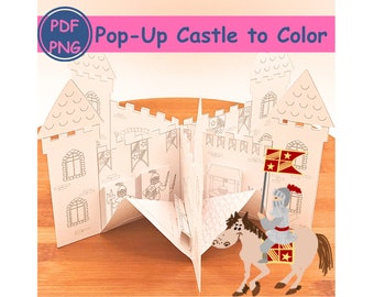 Castillo emergente para colorear y ensamblar/Kit de manualidades en papel imprimible/Plantilla emergente