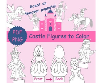 Printable Paper Castle Figures Puppet Theater Set/Coloring King Queen Knights Princess Characters