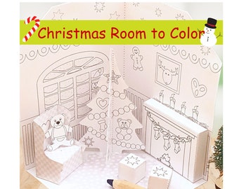 Chambre de Noël à colorier/Kit maison en pain d'épice/Cadeaux de Noël/Bas de Noël/Cadeau pour elle/Pages à colorier pour Noël/Paper Toys à imprimer