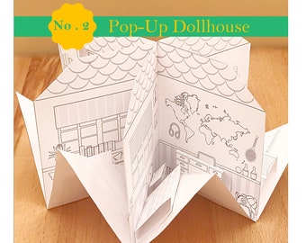 Pop-Up-Puppenhaus Nr. 2 zum bemalen & zusammenbauen mit Küche, Wohnzimmer, Schlafzimmer, Wohnzimmer, DIY Papierbastelset/PDF Download