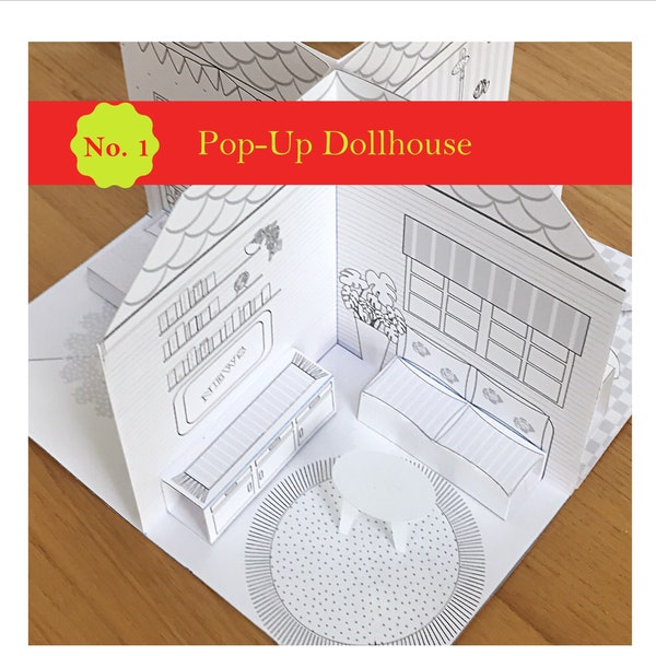 DIY Printable Paper Pop-Up Dollhouse No. 1 w/Kitchen, Bathroom, Livingroom, Bedroom/3D Project