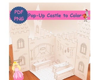 Mini Pop-Up Castle to Color & Assemble/Printable Paper Craft Kit PDF Download