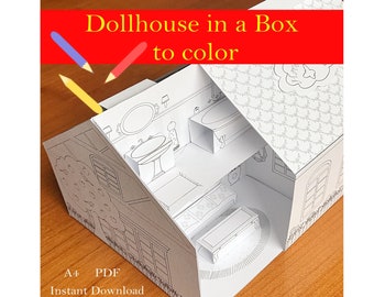 Afdrukbaar poppenhuis in een doos om in te kleuren en in elkaar te zetten/Keuken, Bad-, Woon- Slaapkamer/DIY Paper Craft Kit/ PDF Download
