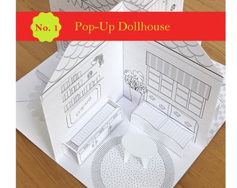 Printable Pop-Up Dollhouse No. 2 to color & assemble w/Kitchen, Bath-, Living and Bedroom/DIY Paper Craft Kit/ PDF Download