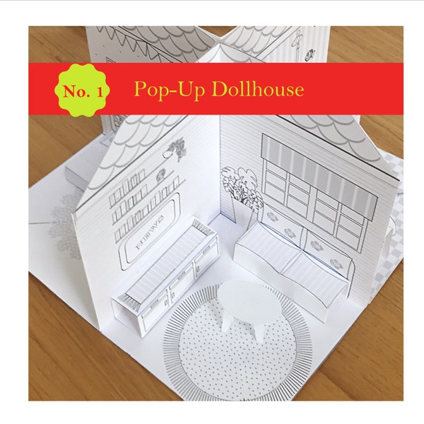 Printable Pop-Up Dollhouse No. 2 to color & assemble w/Kitchen, Bath-, Living and Bedroom/DIY Paper Craft Kit/ PDF Download