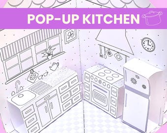 Cucina pop-up, progetto casa delle bambole, attività di colorazione, download immediato di file PDF