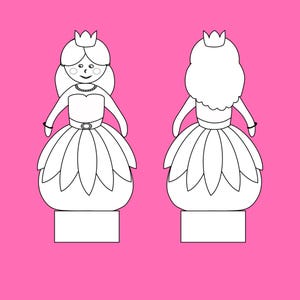 Front and back coloring outlines of a princess wearing a crown and a gown on a pink background.