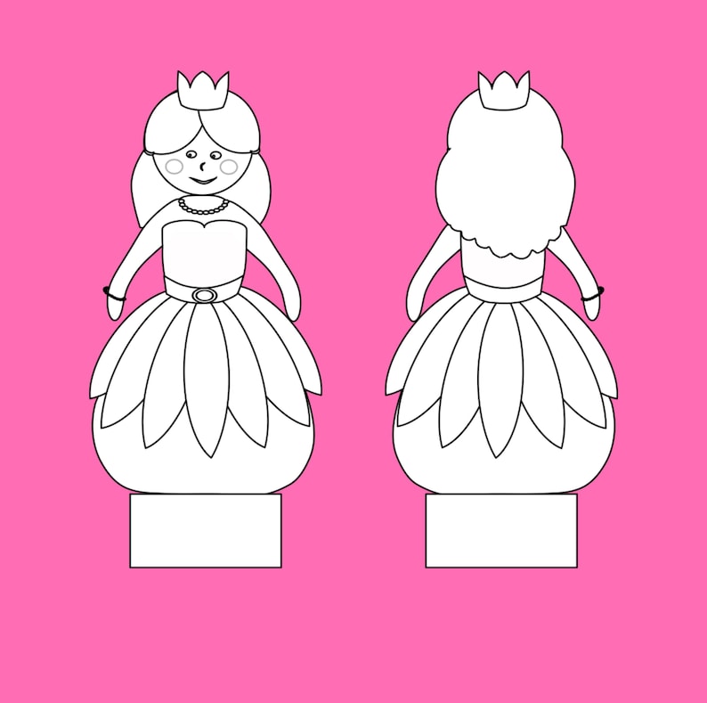 Front and back coloring outlines of a princess wearing a crown and a gown on a pink background.