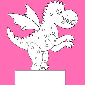 A black-and-white coloring outline of a spotted dragon with wings standing on a rectangular base against a pink background.