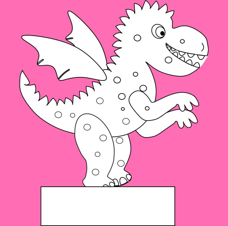 A black-and-white coloring outline of a spotted dragon with wings standing on a rectangular base against a pink background.