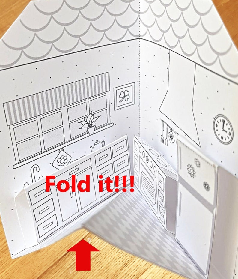 DIY Printable Paper Pop-Up Kitchen NO. 1 to Color & Assemble/Kids 3D Paper Craft Project image 5