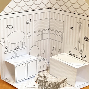 DIY Printable Paper Pop-Up Dollhouse No. 1 w/Kitchen, Bathroom, Livingroom, Bedroom/3D Project zdjęcie 5