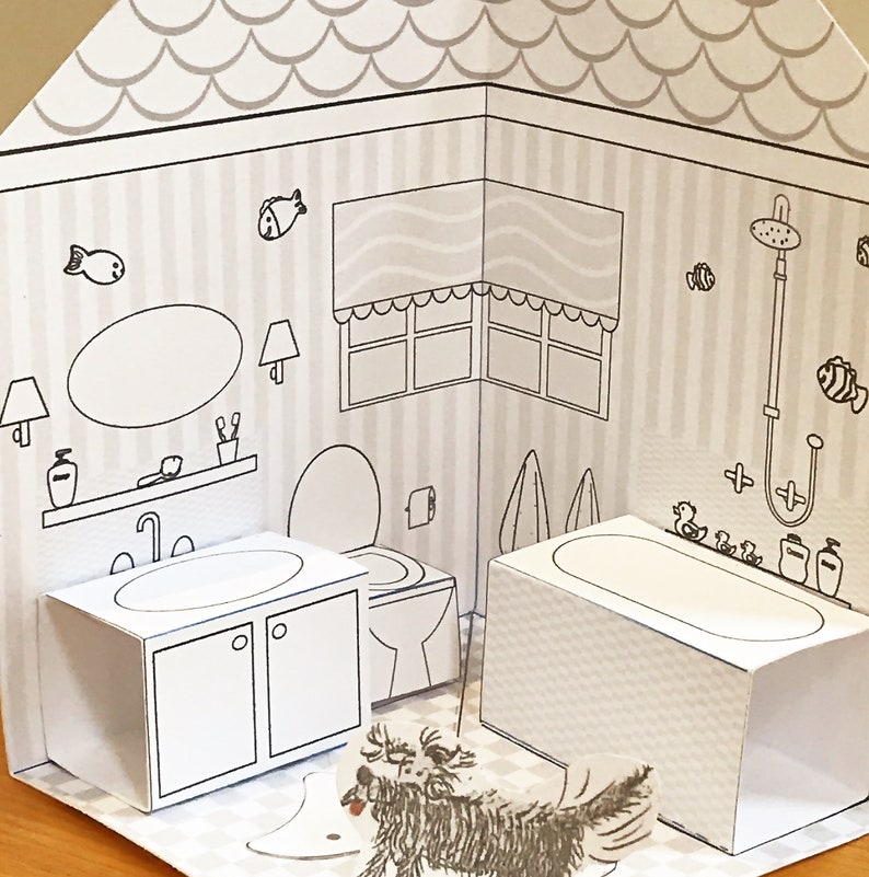 DIY Printable Paper Pop-Up Dollhouse No. 1 w/Kitchen, Bathroom, Livingroom, Bedroom/3D Project zdjęcie 5