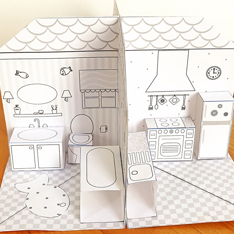 DIY Printable Paper Pop-Up Dollhouse No. 1 w/Kitchen, Bathroom, Livingroom, Bedroom/3D Project zdjęcie 4