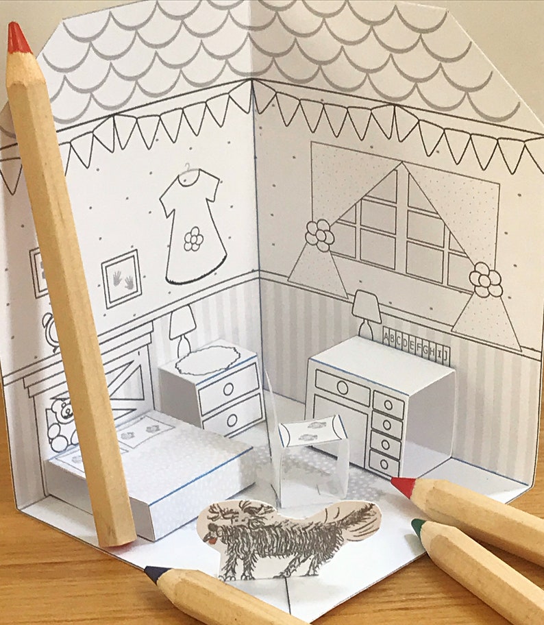 DIY Printable Paper Pop-Up Dollhouse No. 1 w/Kitchen, Bathroom, Livingroom, Bedroom/3D Project zdjęcie 6