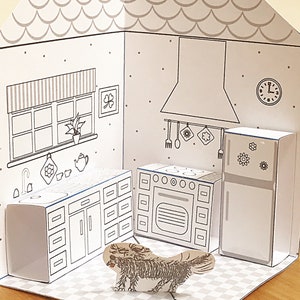 DIY Printable Paper Pop-Up Dollhouse No. 1 w/Kitchen, Bathroom, Livingroom, Bedroom/3D Project zdjęcie 7