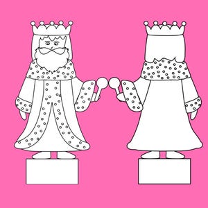 Front and back outlines of a king wearing a crown, beard, and royal robes on a pink background.