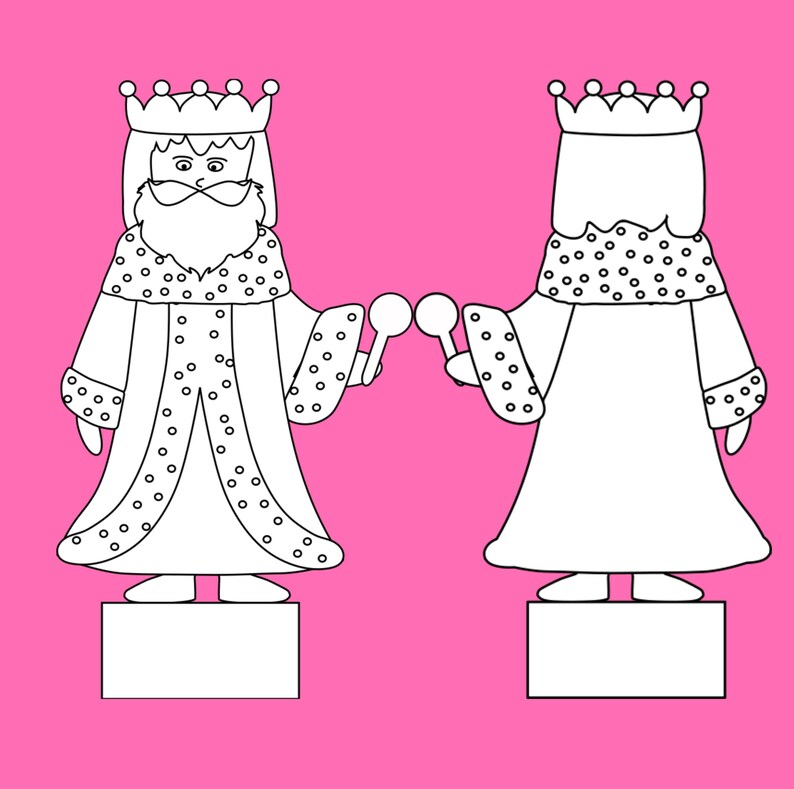 Front and back outlines of a king wearing a crown, beard, and royal robes on a pink background.