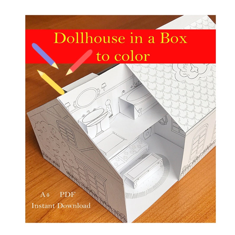 Ausdruckbares Puppenhaus in Box zum bemalen & zusammenbauen/DIY Paper Craft Kit/ PDF Download Bild 1