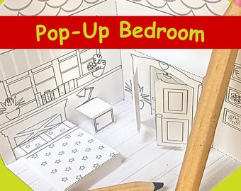 Afdrukbare pop-upslaapkamer om in te kleuren en in elkaar te zetten, pdf direct download