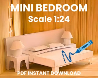 May include: A 1:24 scale mini bedroom model kit featuring a white bed with two pillows, two matching bedside tables, and two lamps. The text MINI BEDROOM Scale 1:24 and PDF INSTANT DOWNLOAD is visible. A blue crayon graphic is on the bed.