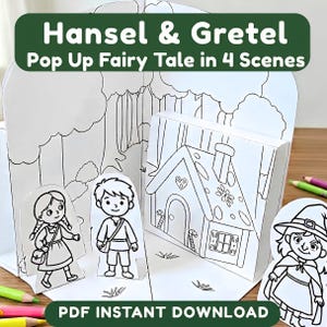 Puede incluir: Un set de manualidades en papel blanco y negro titulado Hansel & Gretel Pop Up Fairy Tale in 4 Scenes. Incluye figuras recortables de dos niños y una bruja, junto con una casa de jengibre plegable y un fondo de bosque para colorear.