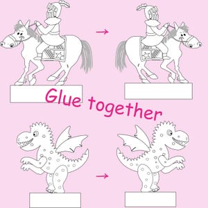 Assembly instructions on a pink background showing front and back views of a knight on a horse and a dragon coloring template with arrows indicating how to glue them together.
