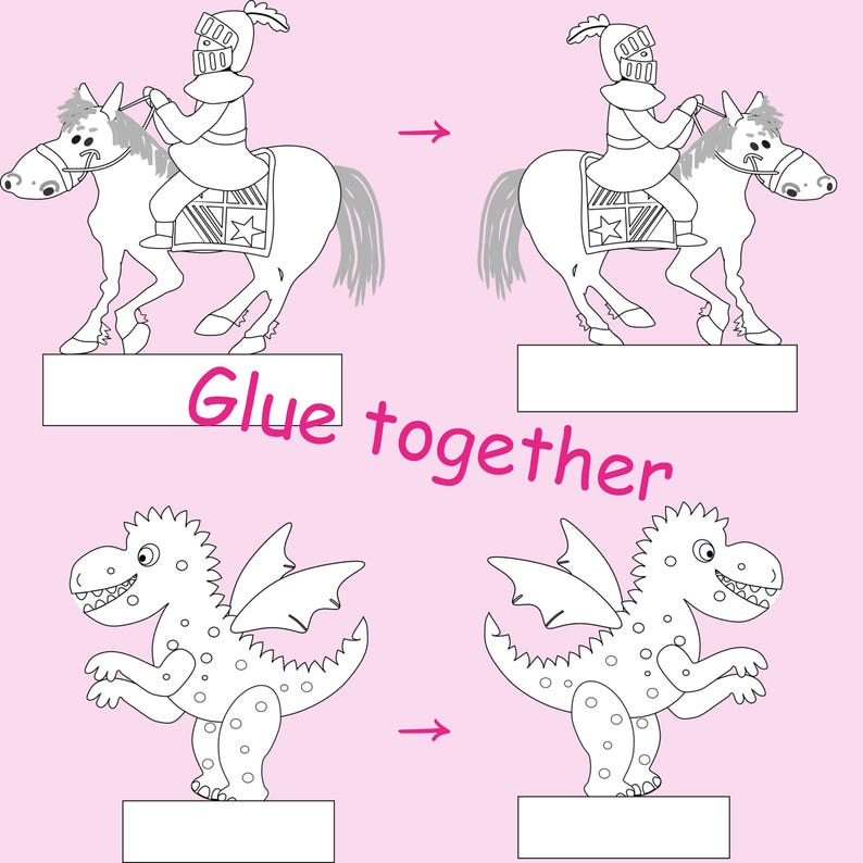 Assembly instructions on a pink background showing front and back views of a knight on a horse and a dragon coloring template with arrows indicating how to glue them together.